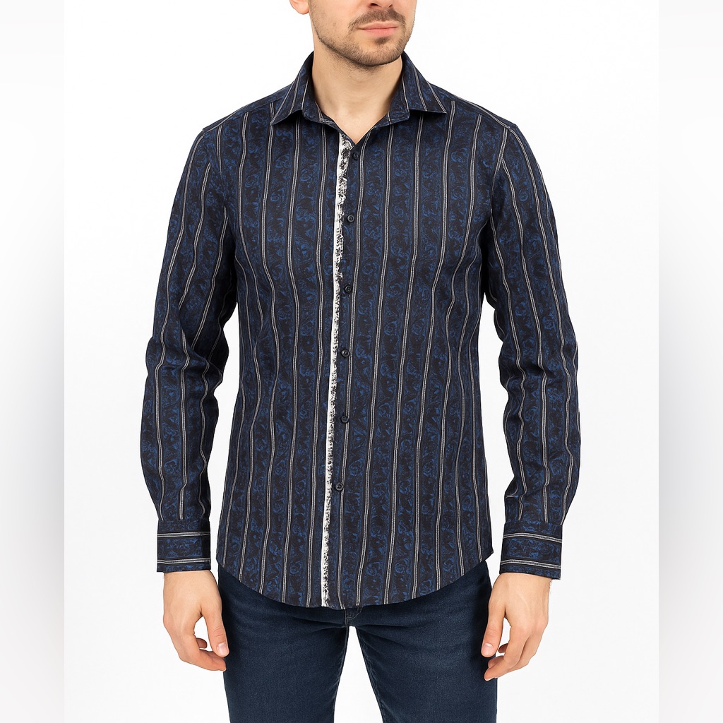 Zagiri Men's L Floral Embroidered Navy Striped Dress Shirt 100% Cotton Designer